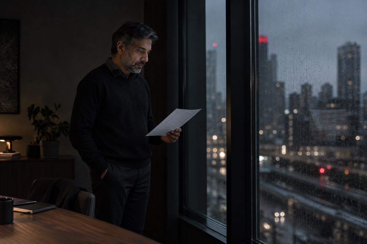 A professional reviewing a page beside a rain-streaked city window